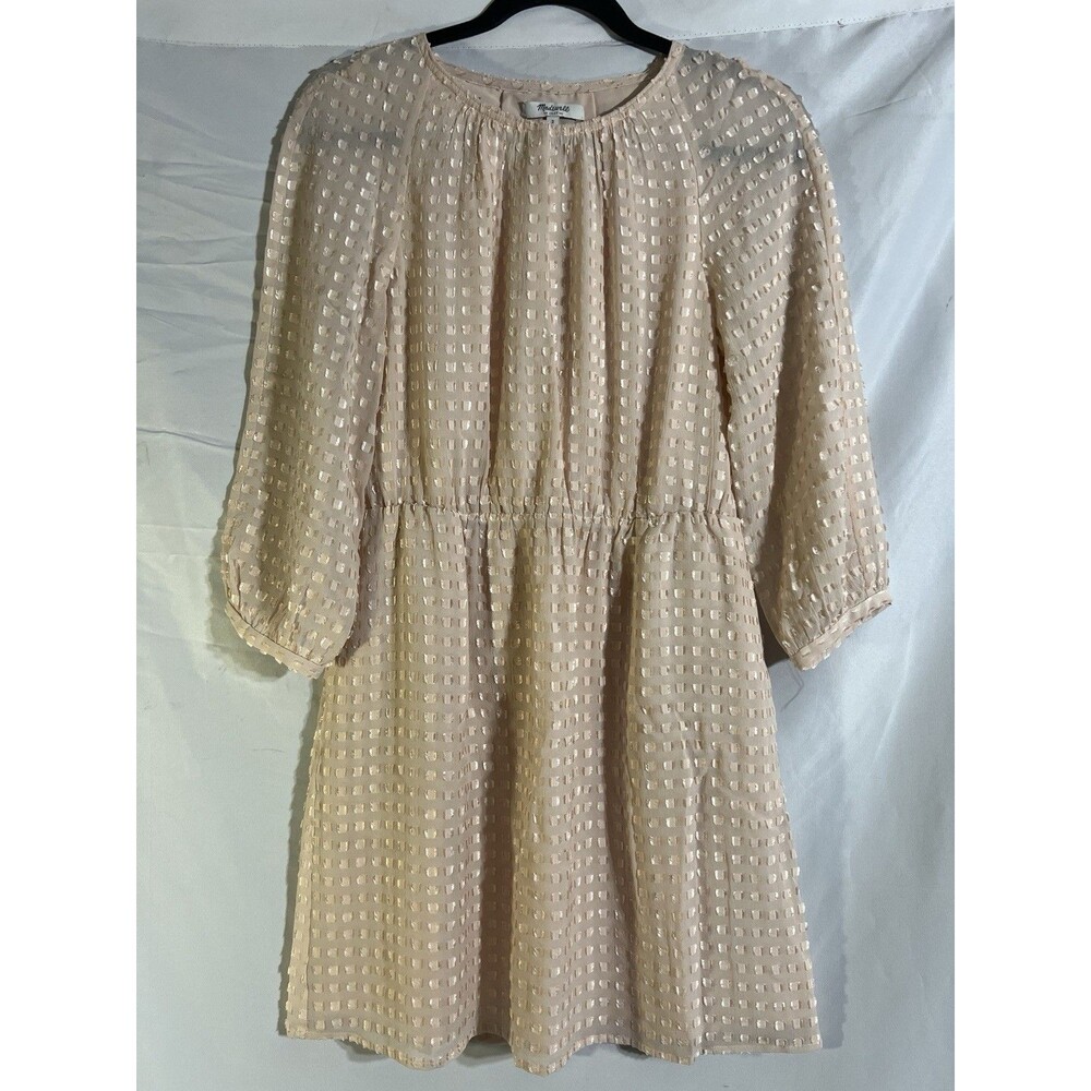 Madewell Dress Woman's 2 Pale Peach Embossed Dots Silk Blend 3/4 Sleeve Lined